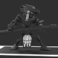 Armored Game and Movie Character With Horned Helmet Holding Spear Mechanical Insect Like Design