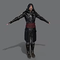 Medieval Hooded Man In Black Armored Outfit With Red Belt And Outstretched Arms