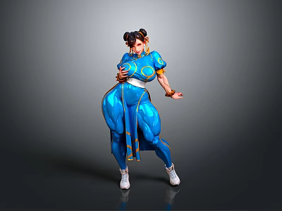 Muscular Woman In Blue Outfit With Yellow Accents And Double Buns Hairstyle 3d model