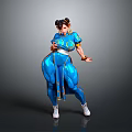 Muscular Woman In Blue Outfit With Yellow Accents And Double Buns Hairstyle