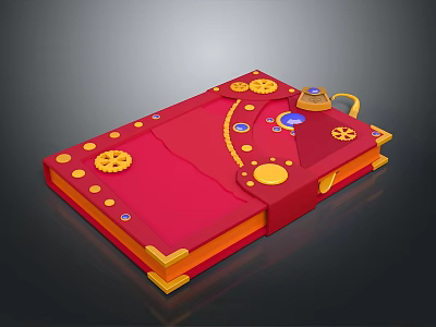 Red Book Shaped Decorative Object With Golden Gears Gemstones And Teapot 3d model