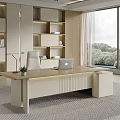 Modern Office Desk With Laptop Potted Plant And Large Window Near Wooden Shelves