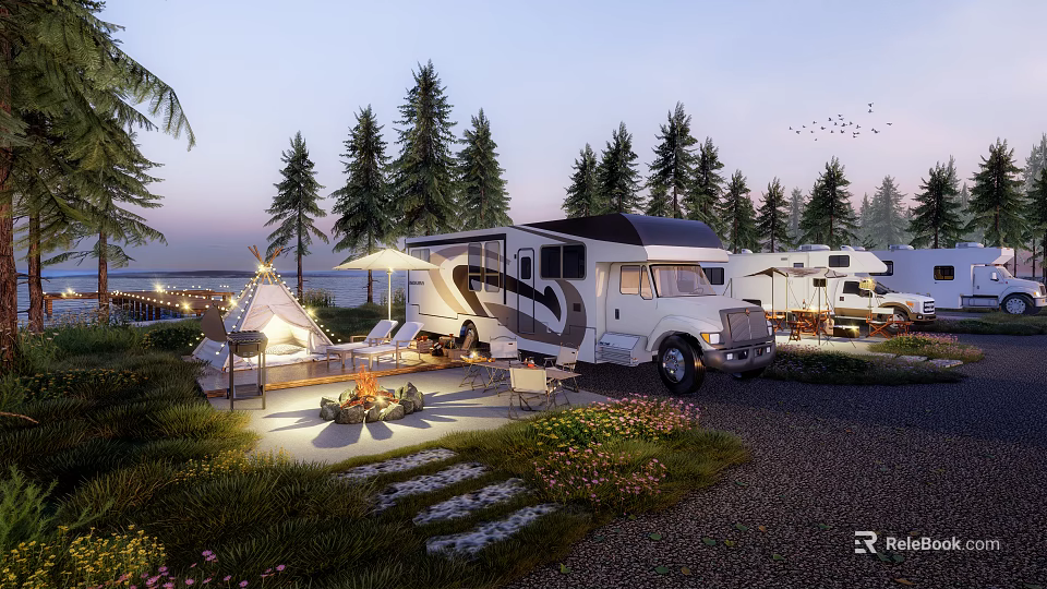 Scenic Camping Campsite With RVs Tents Fire Pit And Pine Trees At Twilight 3d model 