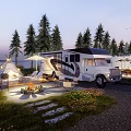 Scenic Camping Campsite With RVs Tents Fire Pit And Pine Trees At Twilight