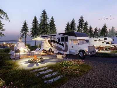 Scenic Camping Campsite With RVs Tents Fire Pit And Pine Trees At Twilight 3d model