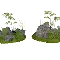 Natural Decorative Stone and Wood Setting With Green Plants Ferns Grass and Small Figure