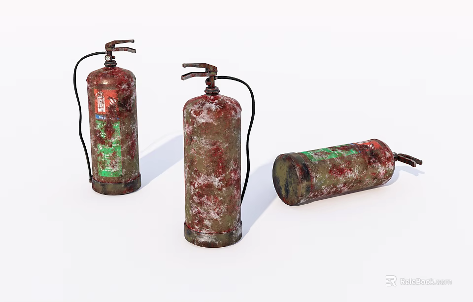 Three Rusty Old Fire Extinguishers With Vintage Design For Home Safety 3d model 