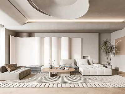 Warm Cream Modern Living Room With Modular Sofa Wooden Coffee Table And Elegant Curved Walls 3d model