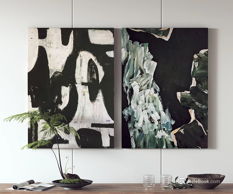 Abstract Paintings Black White Green Wall Art With Potted Plant And Home Decor 3d model 