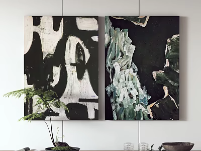 Abstract Paintings Black White Green Wall Art With Potted Plant And Home Decor 3d model