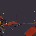 Warrior In Red Black Armor With Topknot Holding Long Sword Amid Falling Petals Dark Background