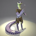 3D Anthropomorphic Lizard Creature Wearing Brown Outfit Holding Microphone Like Object With Purple Yellow Patterns