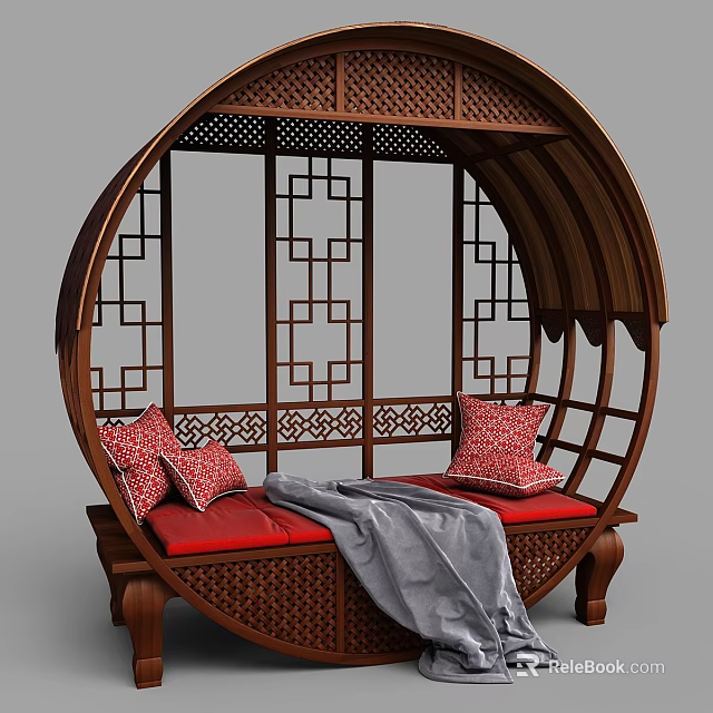 Garden Decorative Bench Circular Wooden Frame with Chinese Carved Patterns Red Cushions and Gray Blanket 3d model 