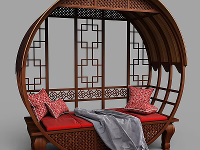 Garden Decorative Bench Circular Wooden Frame with Chinese Carved Patterns Red Cushions and Gray Blanket 3d model