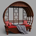 Garden Decorative Bench Circular Wooden Frame with Chinese Carved Patterns Red Cushions and Gray Blanket