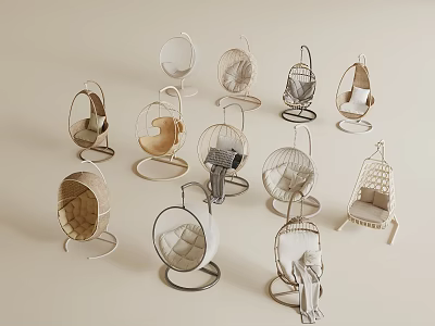 Various Modern Stylish Hanging Chairs With Woven Seats And Metal Frames 3d model
