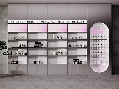 Modern Cosmetic Display Shelves In White Pink With Pure Code Brand And Product Bottles 3d model