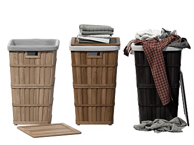 Stylish Storage Baskets with Wooden Texture Holding Folded Towels Plaid Cloth and Mat 3d model