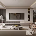 Modern Living Room Interior Design With Light Gray Sofa Round Coffee Table And TV Cabinet