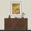 Wooden Decorative Cabinet with Drawers Doors Buddha Statue Vase and Hanging Painting
