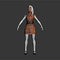 3D Character With White Hair Orange Black Striped Dress Black Belt White Stockings Black Shoes