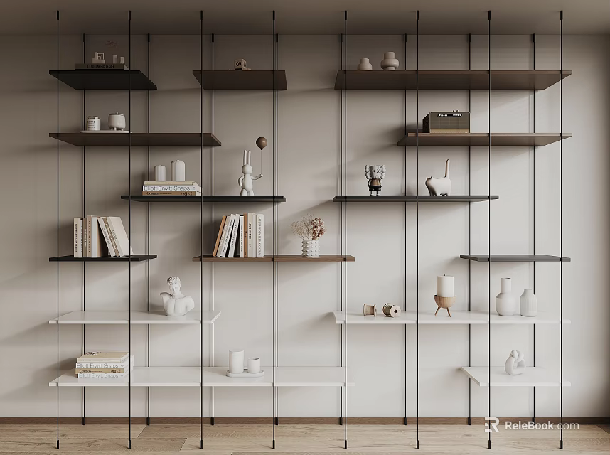 Modern Open Shelf Bookcase With Wooden Shelves Black Metal Frame And Decorative Items 3d model 