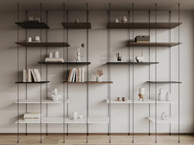 Modern Open Shelf Bookcase With Wooden Shelves Black Metal Frame And Decorative Items 3d model