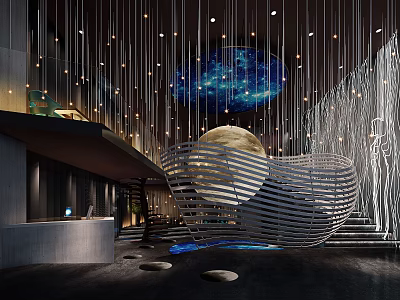 Stylish Bar Interior With Hanging Light Installations Sculptural Decor And Ambient Glow 3d model