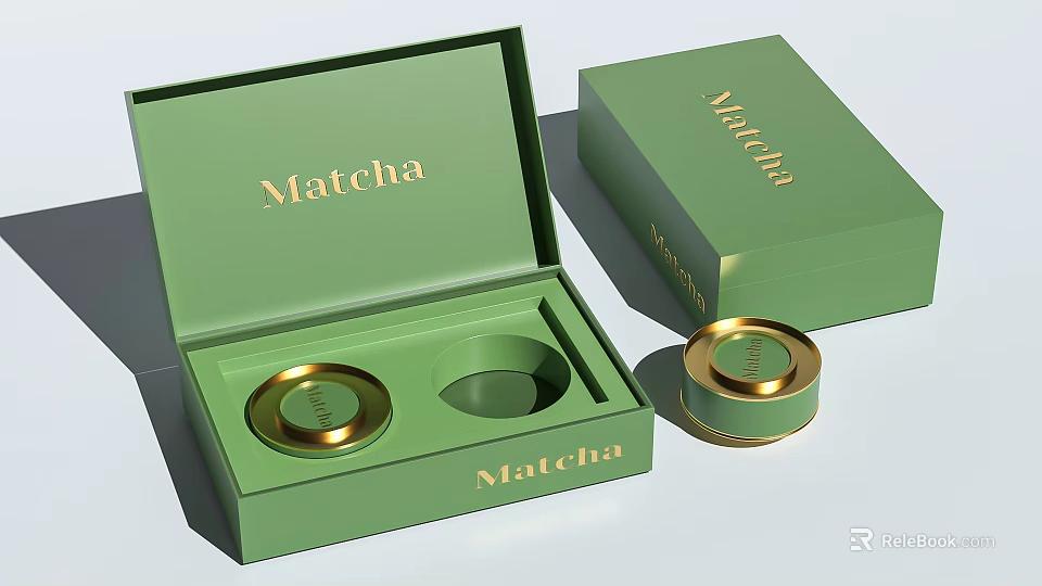 Premium Green Matcha Box Set With Open Case And Gold Storage Containers 3d model 
