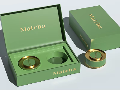Premium Green Matcha Box Set With Open Case And Gold Storage Containers 3d model
