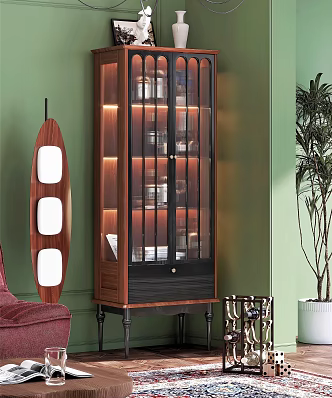French Solid Wood Glass Door Wine Cabinet Wine Bottle Wine Glass Combination Floor Lamp Green Plant Potted Plant Ornaments 3d model
