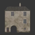 Historical Two Story Stone Building Model With Gray Roof Arched Entrance And Multiple Windows