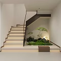 Indoor Landscape Design with Staircase Black Railing Illuminated Steps and Lush Greenery Wooden Accents