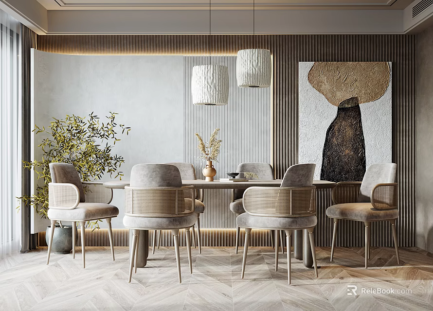 Modern Dining Room Interior With Pendant Lights Artwork Plant And Chairs 3d model 