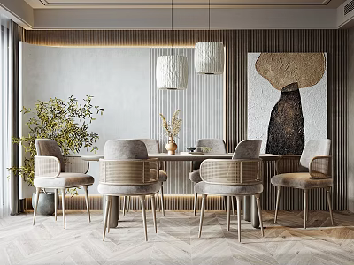 Modern Dining Room Interior With Pendant Lights Artwork Plant And Chairs 3d model