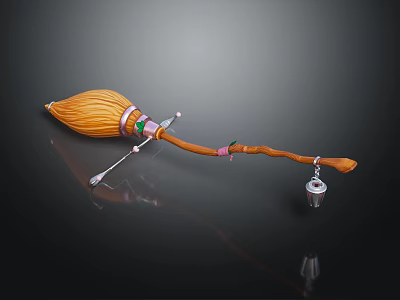 Magical Broomstick With Wooden Handle Brown Bristles Green Pink Accents And End Bell 3d model