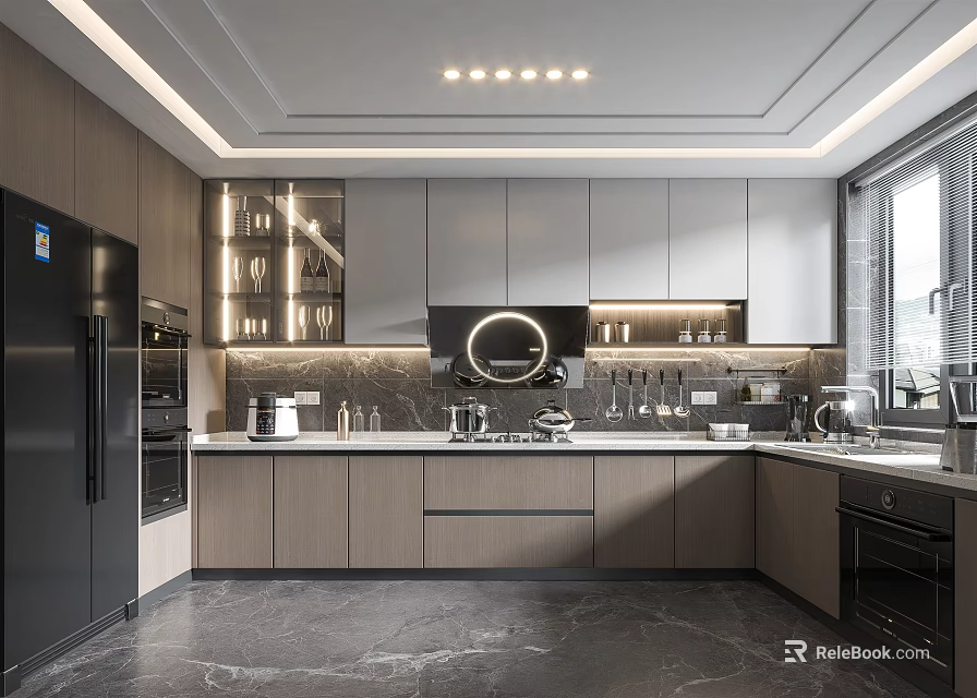 Modern Kitchen Interior Design With Gray Cabinets Stone Countertop Appliances And Ceiling Lighting 3d model