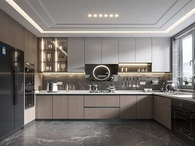Modern Kitchen Interior Design With Gray Cabinets Stone Countertop Appliances And Ceiling Lighting 3d model