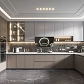 Modern Kitchen Interior Design With Gray Cabinets Stone Countertop Appliances And Ceiling Lighting 3d model