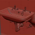 Vintage Ceramic Washbasin With Double Faucets Stained Surface And Exposed Pipes