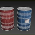 Two Red And Blue Storage Barrels With White Label For Home Use 3d model