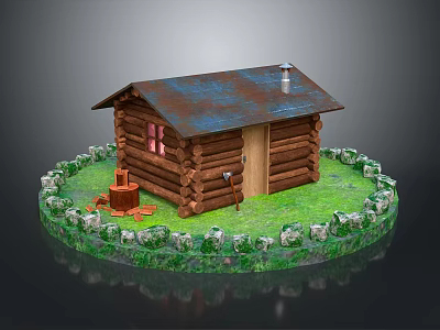 Rustic Log Cabin With Rusty Metal Roof Chimney Door Axe Orange Bucket Grass Stone Fence 3d model