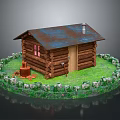 Rustic Log Cabin With Rusty Metal Roof Chimney Door Axe Orange Bucket Grass Stone Fence