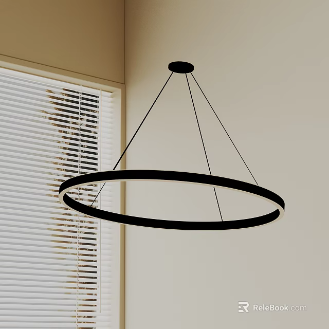 Modern Black Circular Pendant Light With LED Strip Hanging In Interior Room By Window Blinds 3d model 