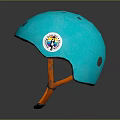 Blue Protective Helmet With Orange Straps And Colorful Sticker Design
