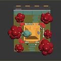 Colorful 3D House Model Scene With Yellow Building Red Trees And Green Bubbles
