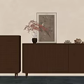 Minimalist Interior With Brown Wooden Dresser Cabinet Vase Red Foliage Wall Art And Pendant Light