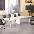 Modern Conference Room With Long Wooden Table Black Office Chairs Laptop And City View Windows