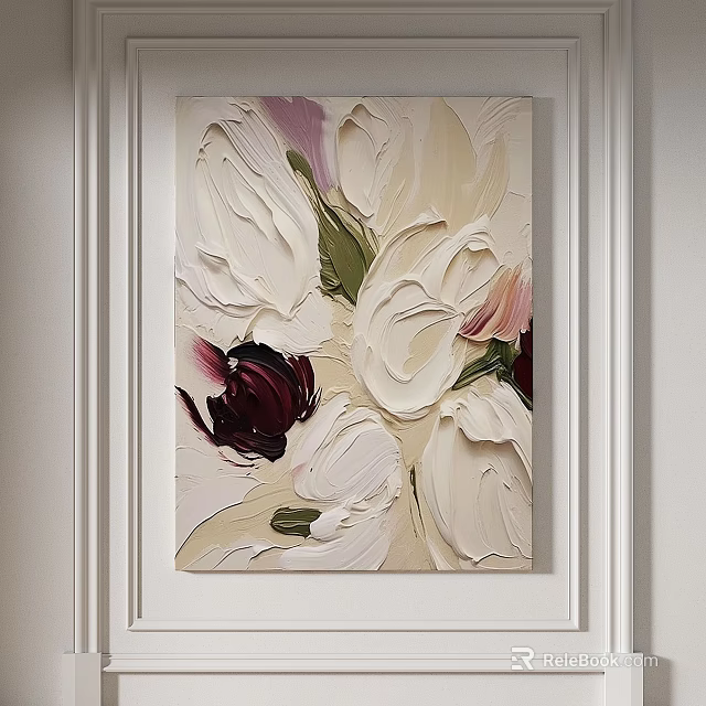 Oil Painting With Impasto White And Dark Purple Flowers Hanging On White Wall 3d model 