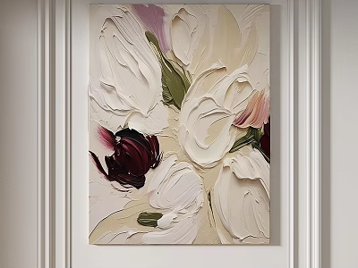 Oil Painting With Impasto White And Dark Purple Flowers Hanging On White Wall 3d model